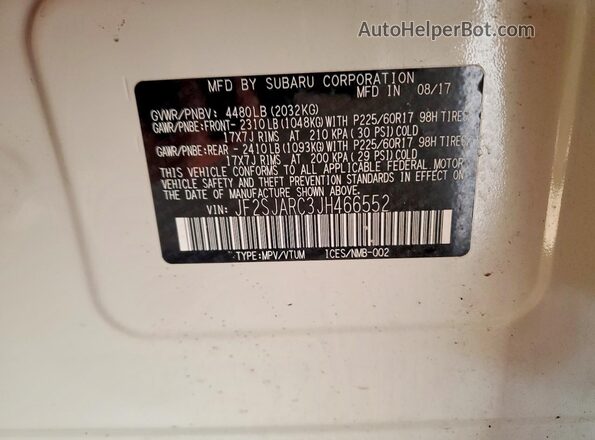 JF2SJARC3JH466552 2018 SUBARU FORESTER 2.5 White Vista de la etiqueta del VIN