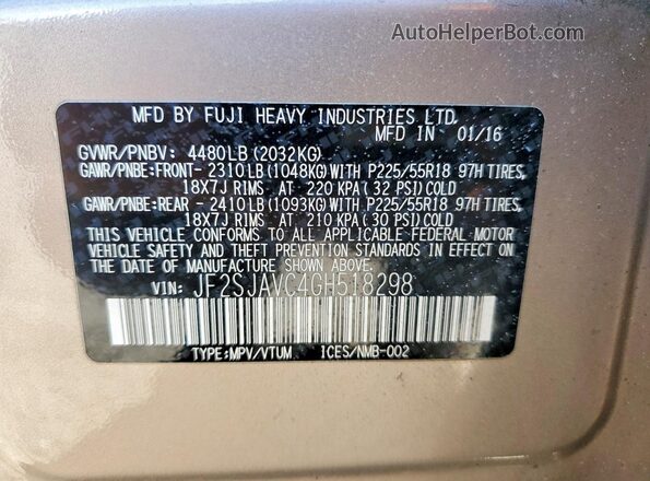 JF2SJAVC4GH518298 2016 SUBARU FORESTER 2.5I TO Brown VIN կոդի պիտակի տեսք
