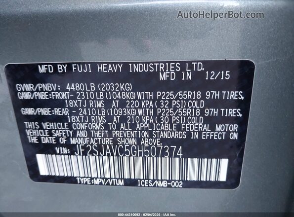 JF2SJAVC5GH507374 2016 SUBARU FORESTER 2.5I TO Gray ძრავის განყოფილების ხედი