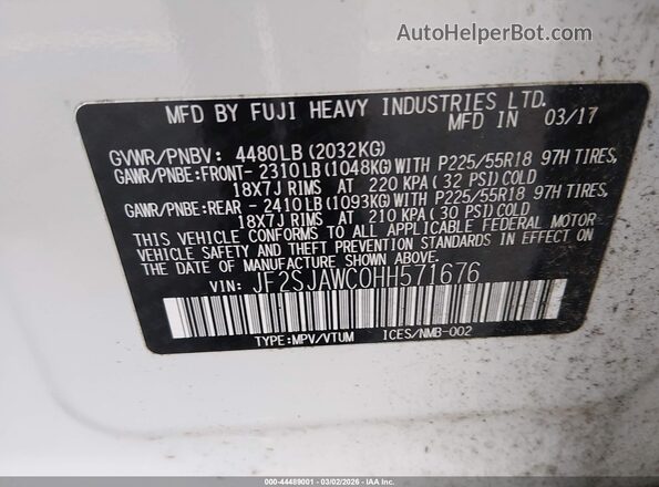 JF2SJAWC0HH571676 2017 SUBARU FORESTER 2.5I TO Белый Вид подкапотного пространства