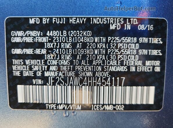 JF2SJAWC4HH454117 2017 SUBARU FORESTER 2.5I TO Blue Vista de la etiqueta del VIN