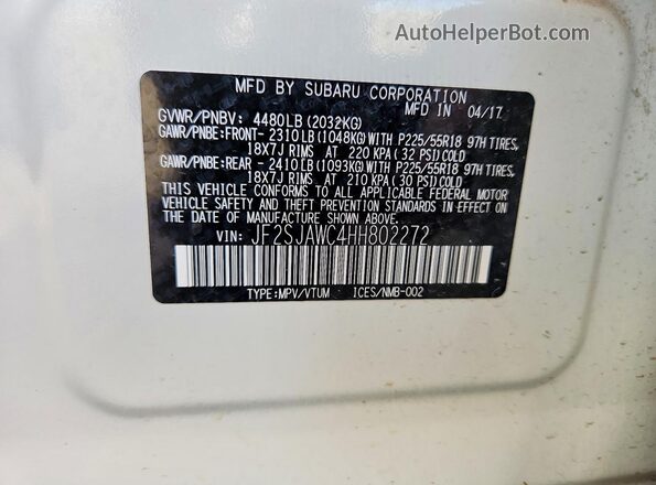 JF2SJAWC4HH802272 2017 SUBARU FORESTER 2.5I TO White ძრავის განყოფილების ხედი