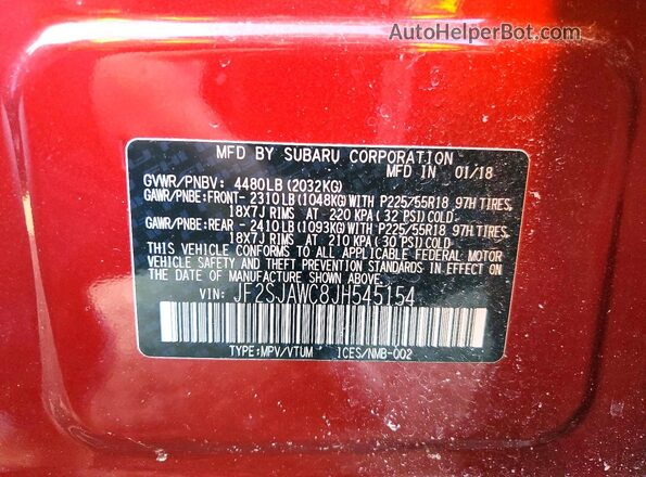 JF2SJAWC8JH545154 2018 SUBARU FORESTER 2.5I TO Red 