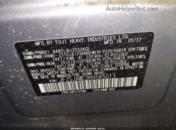 JF2SJAWC9HH545013 2017 SUBARU FORESTER 2.5I TO Silver 
