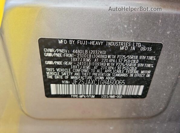 JF2SJAXC1GH460065 2016 SUBARU FORESTER 2.5I TO Silver VIN კოდის სტიკერის ხედი