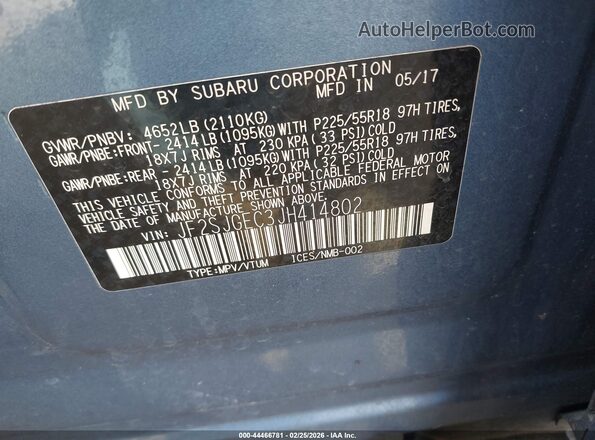 JF2SJGEC3JH414802 2018 SUBARU FORESTER2. Blue Vista del compartimento del motor