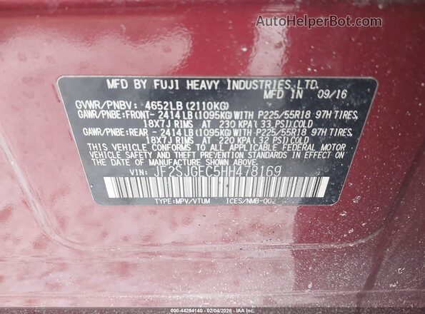 JF2SJGEC5HH478169 2017 SUBARU FORESTER2. Red ძრავის განყოფილების ხედი
