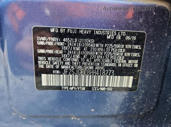 JF2SJGEC8HH418273 2017 SUBARU FORESTER2. Blue VIN կոդի պիտակի տեսք