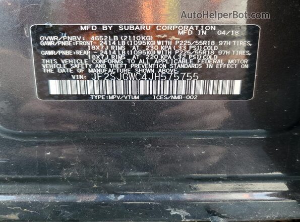 JF2SJGWC4JH575755 2018 SUBARU FORESTER2. Charcoal VIN sticker view