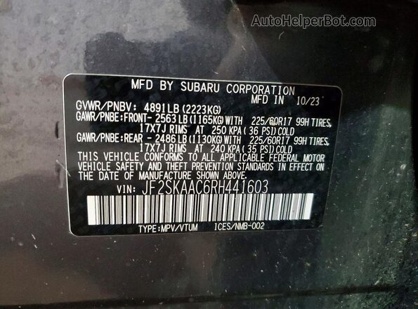 JF2SKAAC6RH441603 2024 SUBARU FORESTER Charcoal Вид наклейки з VIN-кодом