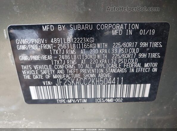 JF2SKACC2KH504411 2019 SUBARU FORESTER Green 