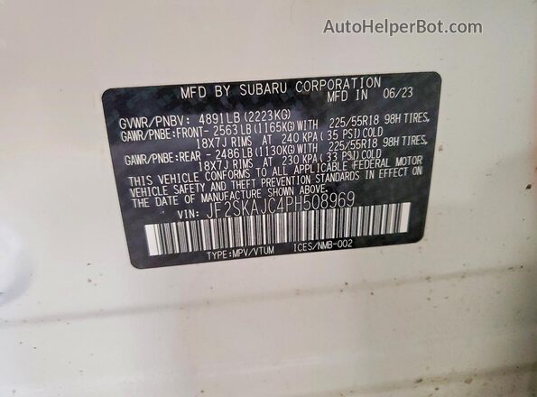 JF2SKAJC4PH508969 2023 SUBARU FORESTER Белый Панорамный вид салона 360°