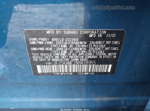 JF2SKAMC2NH418955 2022 SUBARU FORESTER Blue ძრავის განყოფილების ხედი