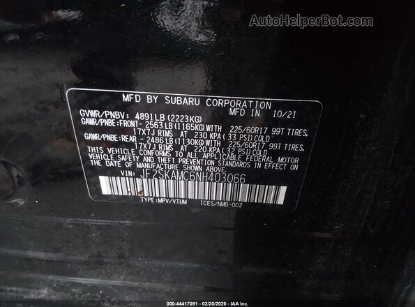 JF2SKAMC6NH403066 2022 SUBARU FORESTER Black Շարժիչի բաժամունքի տեսք