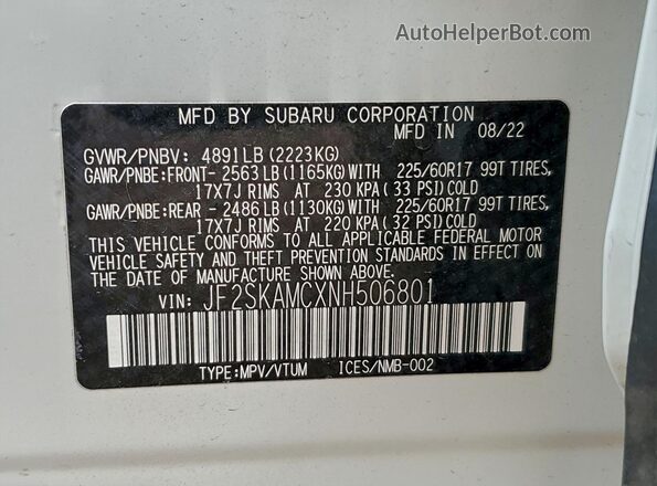 JF2SKAMCXNH506801 2022 SUBARU FORESTER White VIN კოდის სტიკერის ხედი