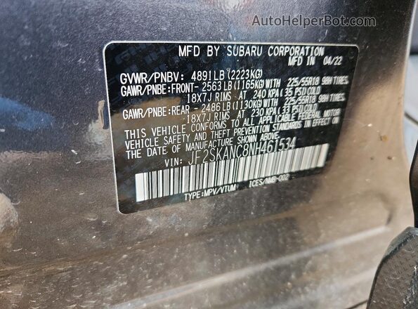 JF2SKANC8NH461534 2022 SUBARU FORESTER Charcoal Widok wnętrza 360 stopni