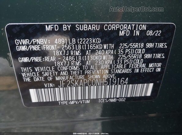 JF2SKAPC0NH519164 2022 SUBARU FORESTER Green ძრავის განყოფილების ხედი