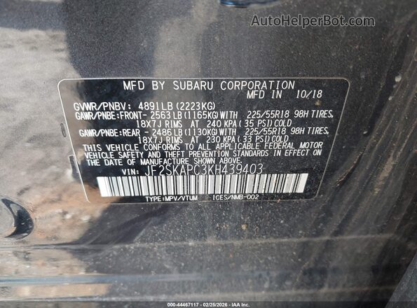 JF2SKAPC3KH439403 2019 SUBARU FORESTER Gray 