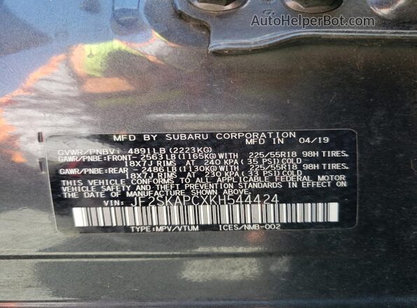 JF2SKAPCXKH544424 2019 SUBARU FORESTER Gray 
