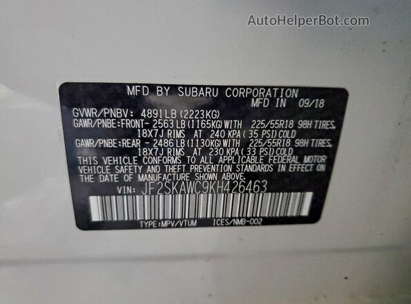 JF2SKAWC9KH426463 2019 SUBARU FORESTER Белый Вид наклейки с VIN-кодом