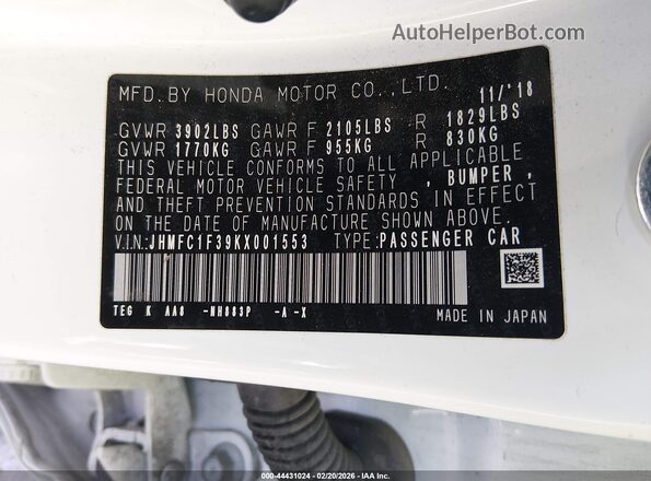 JHMFC1F39KX001553 2019 HONDA CIVIC White 