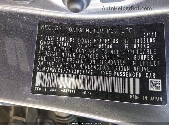 JHMFC1F74JX007147 2018 HONDA CIVIC Gray 