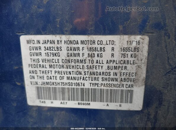 JHMGK5H75HS010674 2017 HONDA FIT Blue Vista del compartimento del motor