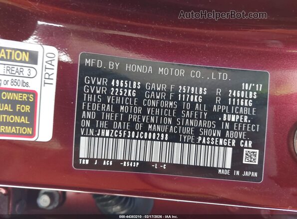 JHMZC5F30JC000298 2018 HONDA CLARITY PLUG-IN HYBRID Red 