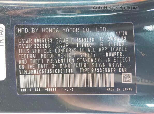 JHMZC5F35LC001188 2020 HONDA CLARITY Teal 