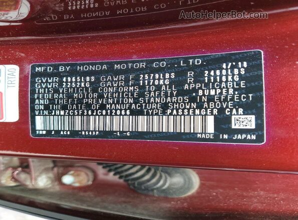 JHMZC5F36JC012066 2018 HONDA CLARITY Red 