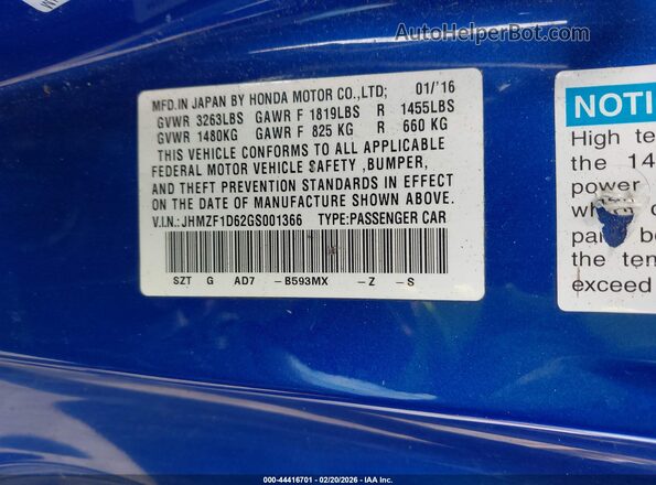 JHMZF1D62GS001366 2016 HONDA CR-Z Blue Շարժիչի բաժամունքի տեսք