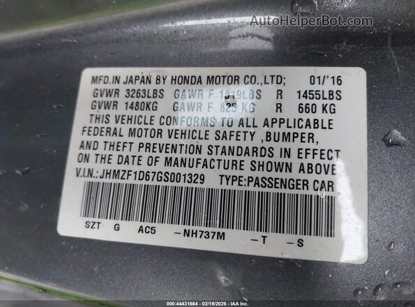 JHMZF1D67GS001329 2016 HONDA CR-Z Gray Widok komory silnika