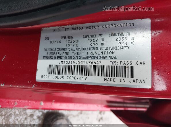 JM1GJ1V55G1476643 2016 MAZDA 6 Burgundy Շարժիչի բաժամունքի տեսք