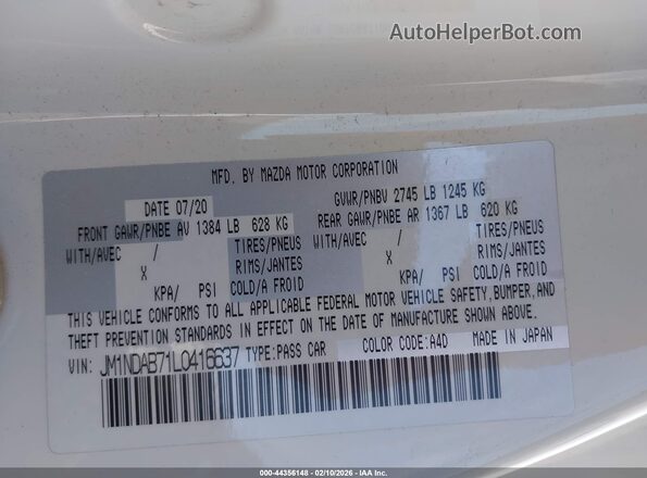 JM1NDAB71L0416637 2020 MAZDA MX-5 MIATA White Vista del compartimento del motor