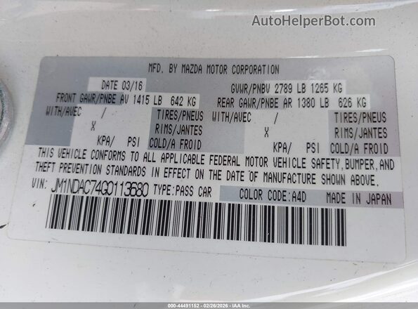 JM1NDAC74G0113680 2016 MAZDA MX-5 MIATA White Շարժիչի բաժամունքի տեսք