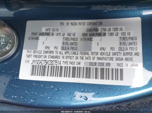 JM1NDAD75K0307514 2019 MAZDA MX-5 MIATA Blue Vista del compartimento del motor