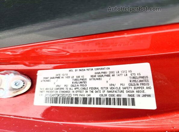 JM1NDAM73K0303123 2019 MAZDA MX-5 Red VIN sticker view