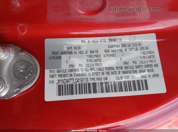 JM1NDAM77L0419118 2020 MAZDA MX-5 MIATA RF Red Vista del compartimento del motor