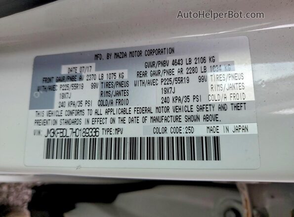 JM3KFBDL7H0189336 2017 MAZDA CX-5 White Widok naklejki z numerem VIN
