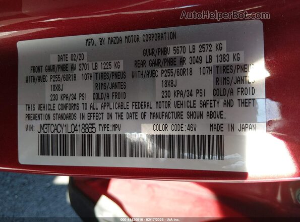 JM3TCACY1L0418865 2020 MAZDA CX-9 Красный Вид подкапотного пространства