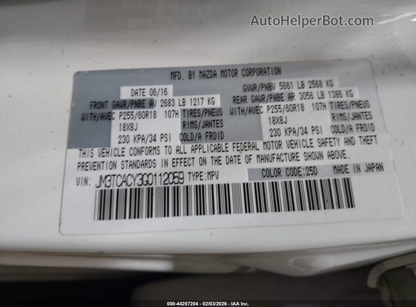 JM3TCACY3G0112059 2016 MAZDA CX-9 White Вид підкапотного простору