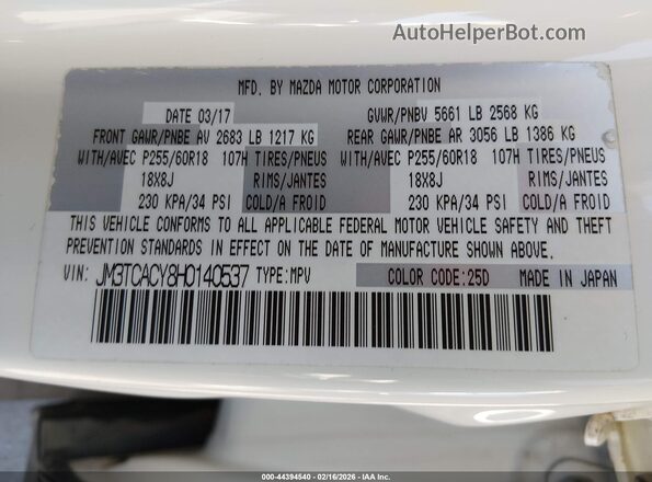 JM3TCACY8H0140537 2017 MAZDA CX-9 White Engine compartment view