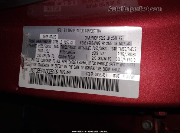 JM3TCBEY4N0625109 2022 MAZDA CX-9 Красный Вид подкапотного пространства