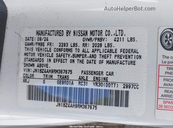 JN1BZ4AH9RM367675 2024 NISSAN Z Белый Вид подкапотного пространства