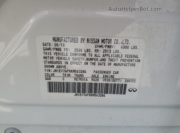 JN1EV7APXKM543284 2019 INFINITI Q50 Белый 