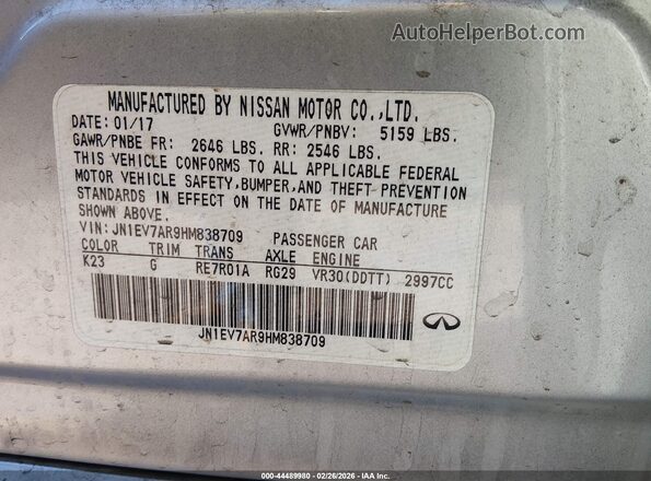 JN1EV7AR9HM838709 2017 INFINITI Q50 Silver Vista del compartimento del motor