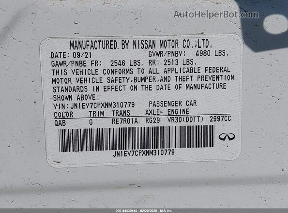 JN1EV7CPXNM310779 2022 INFINITI Q50 White Вид підкапотного простору