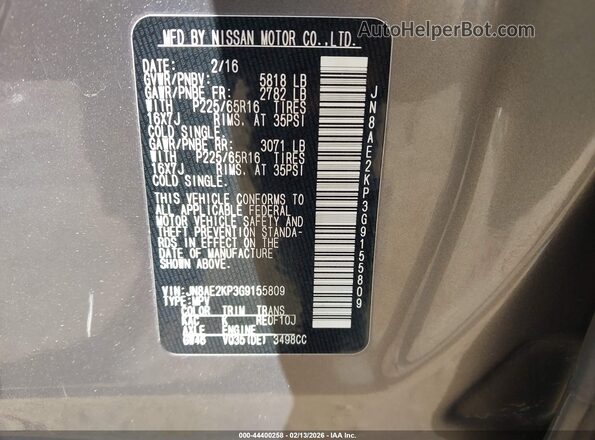 JN8AE2KP3G9155809 2016 NISSAN QUEST Gray ძრავის განყოფილების ხედი