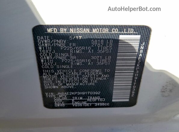 JN8AE2KP3H9170392 2017 NISSAN QUEST White Vista de la etiqueta del VIN