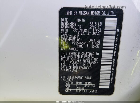 JN8AE2KP5H9165159 2017 NISSAN QUEST White 